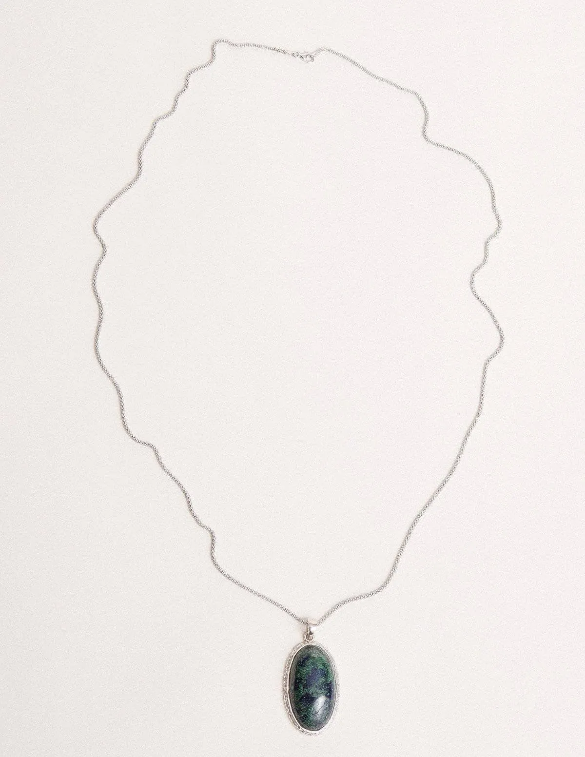 Azurite Malachite Vintage Pendant - 30 inch Silver Chain