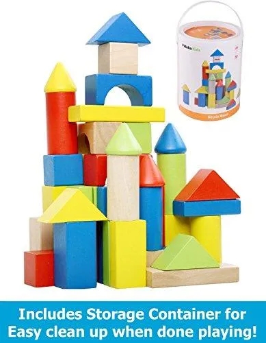 Deluxe Handcrafted Wooden Building Blocks Set - 50 Pieces - Includes Carrying Container - Hardwood Plain & Colored Stacking Wood Blocks for Boys & Girls - Educational Toy for Toddlers Preschool Age