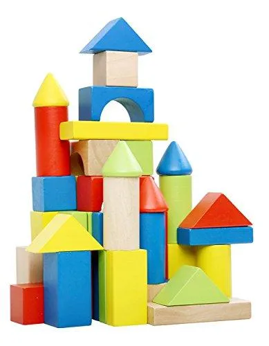Deluxe Handcrafted Wooden Building Blocks Set - 50 Pieces - Includes Carrying Container - Hardwood Plain & Colored Stacking Wood Blocks for Boys & Girls - Educational Toy for Toddlers Preschool Age