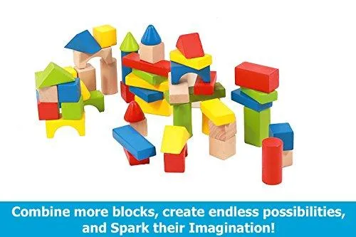 Deluxe Handcrafted Wooden Building Blocks Set - 50 Pieces - Includes Carrying Container - Hardwood Plain & Colored Stacking Wood Blocks for Boys & Girls - Educational Toy for Toddlers Preschool Age