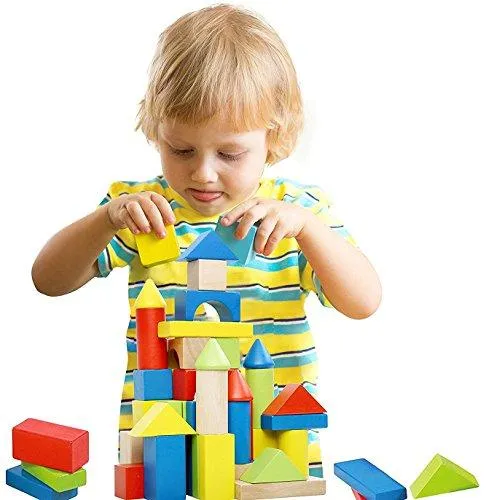 Deluxe Handcrafted Wooden Building Blocks Set - 50 Pieces - Includes Carrying Container - Hardwood Plain & Colored Stacking Wood Blocks for Boys & Girls - Educational Toy for Toddlers Preschool Age