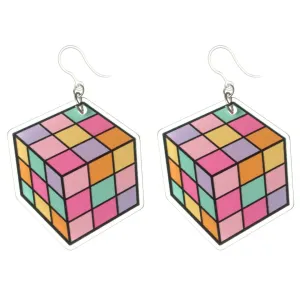 Exaggerated Flat Puzzle Cube Dangles Hypoallergenic Earrings for Sensitive Ears Made with Plastic Posts