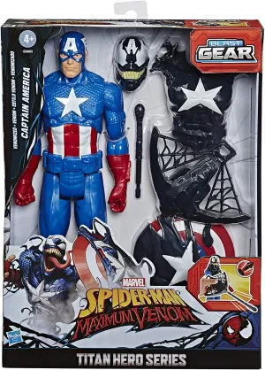 Hasbro Spider-Man Maximum Venom Titan Hero Venom Captain America with Starter, Projectile, 6 Accessories, Age 4 