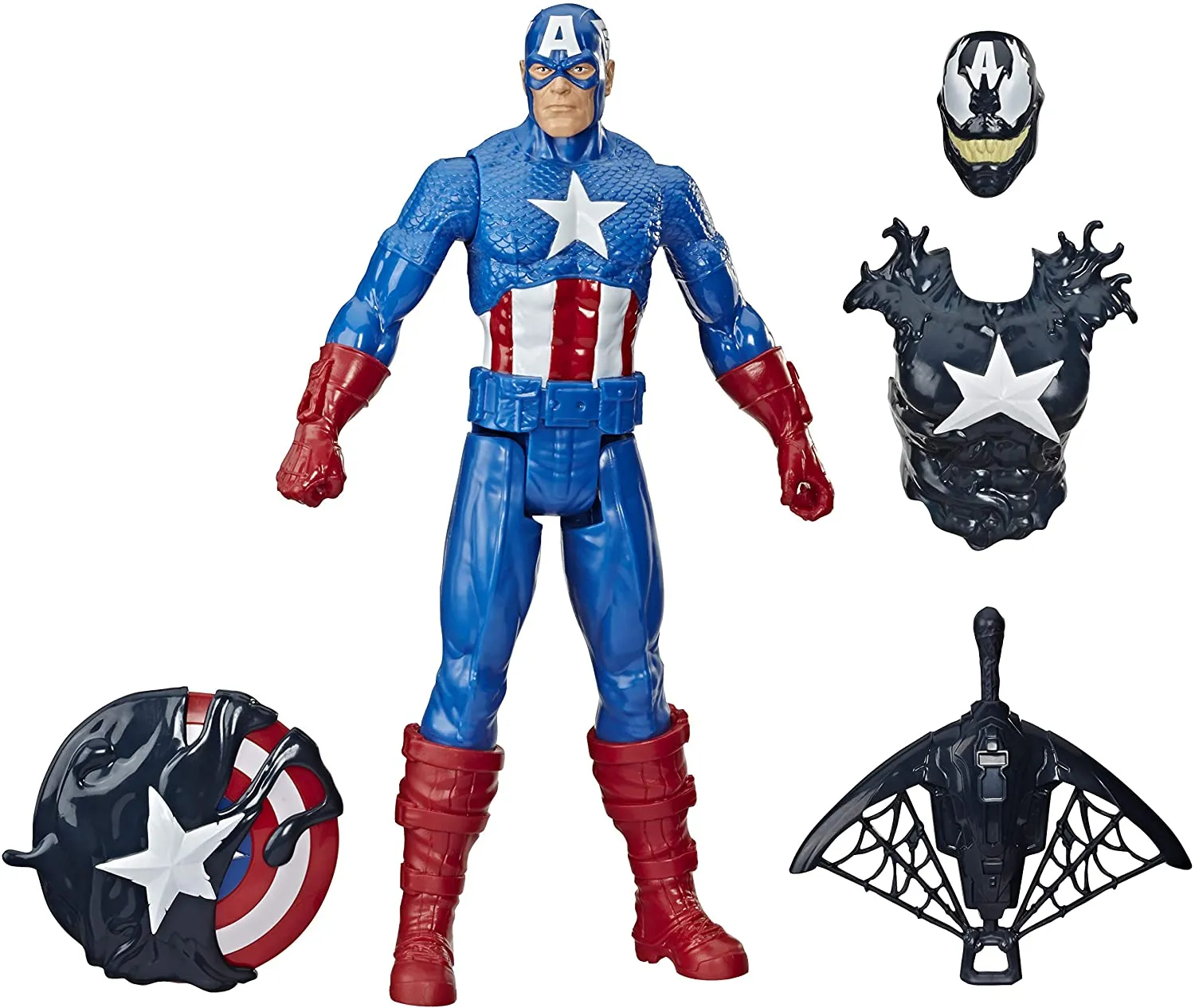 Hasbro Spider-Man Maximum Venom Titan Hero Venom Captain America with Starter, Projectile, 6 Accessories, Age 4 