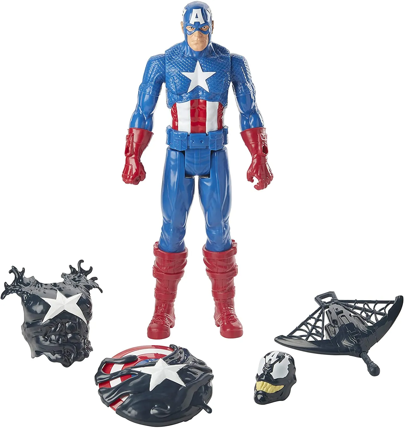 Hasbro Spider-Man Maximum Venom Titan Hero Venom Captain America with Starter, Projectile, 6 Accessories, Age 4 