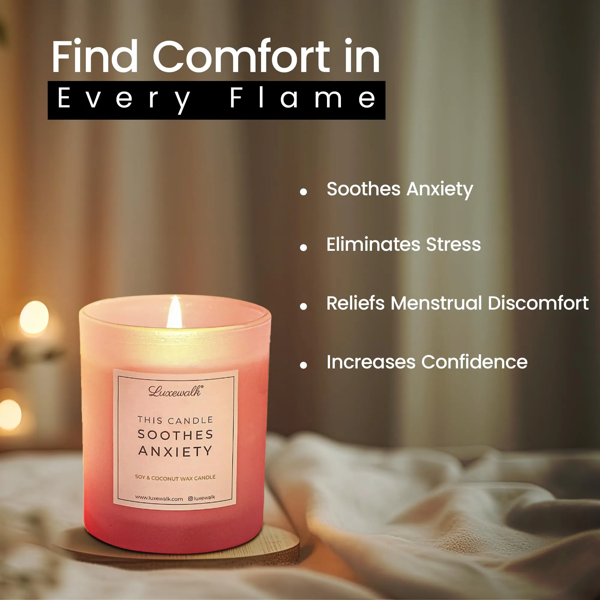 LUXEWALK Soothes Anxiety - Soy & Coconut Wax Scented Premium Candle, Including Exotic Fragrances of Rose Flower, Ideal for Home Decor, Gifts, Aromatherapy, 30 hrs Burn Time (165gm, Pack of 1)