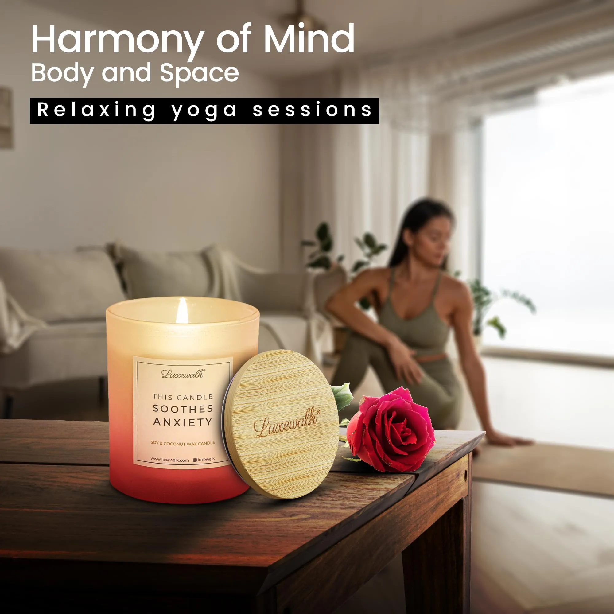 LUXEWALK Soothes Anxiety - Soy & Coconut Wax Scented Premium Candle, Including Exotic Fragrances of Rose Flower, Ideal for Home Decor, Gifts, Aromatherapy, 30 hrs Burn Time (165gm, Pack of 1)