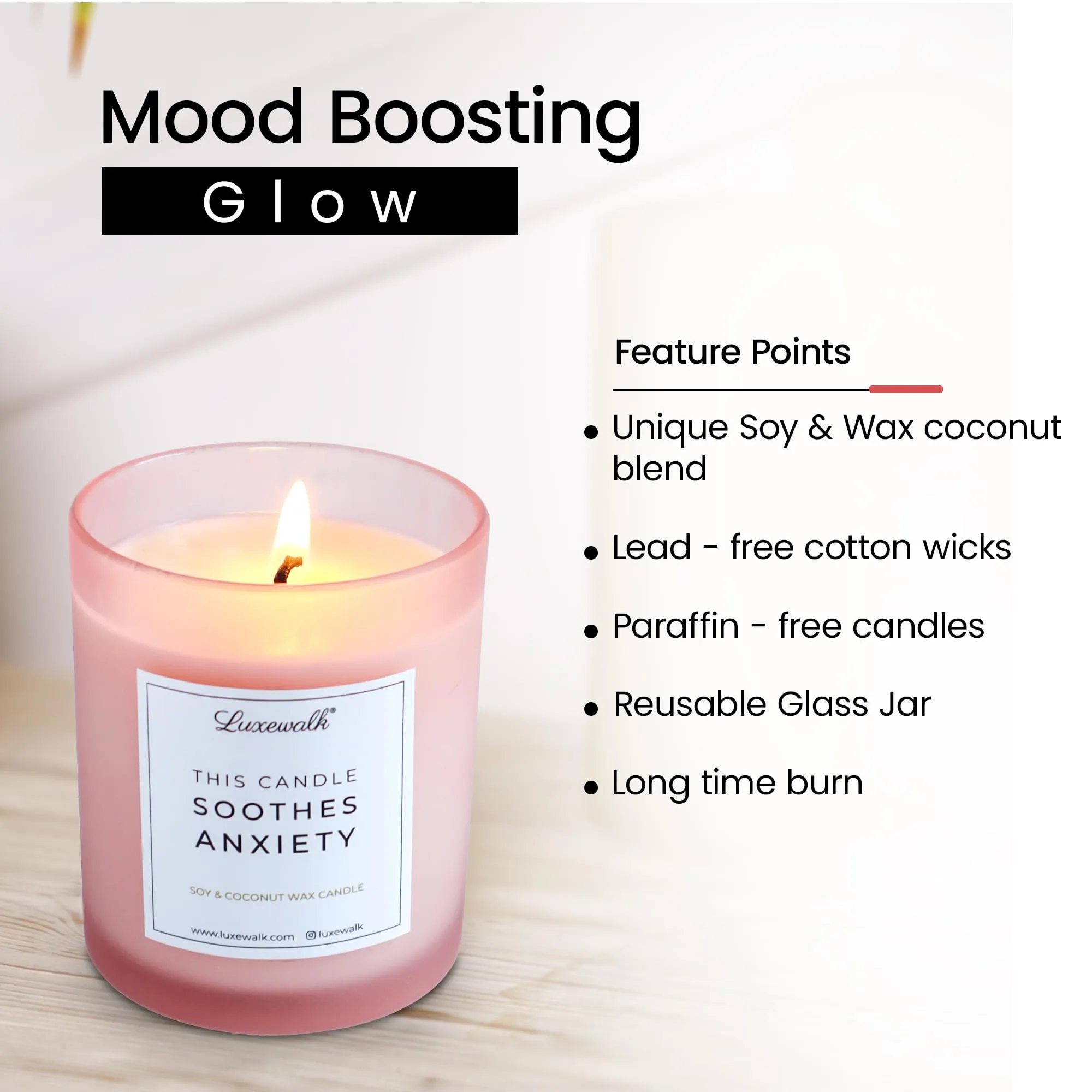 LUXEWALK Soothes Anxiety - Soy & Coconut Wax Scented Premium Candle, Including Exotic Fragrances of Rose Flower, Ideal for Home Decor, Gifts, Aromatherapy, 30 hrs Burn Time (165gm, Pack of 1)