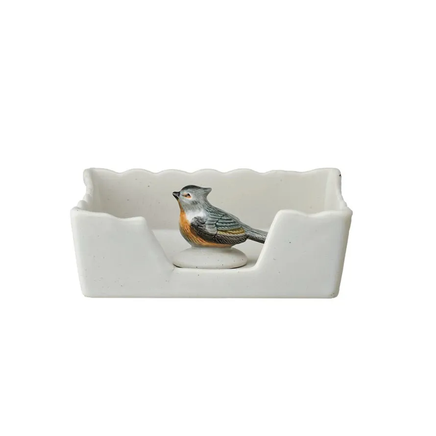 NAPKIN HOLDER WITH STONEWARE BIRD WEIGHT