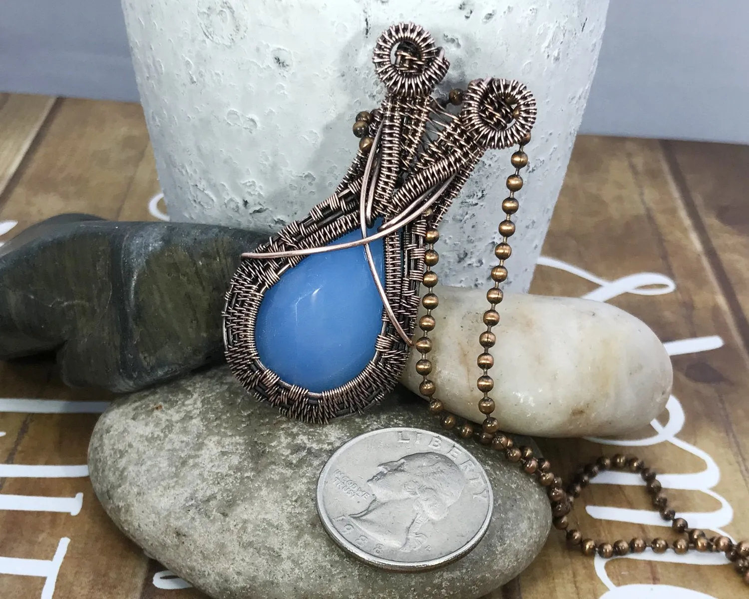 Oxidized Copper Wire Woven Blue Chalcedony Pendant