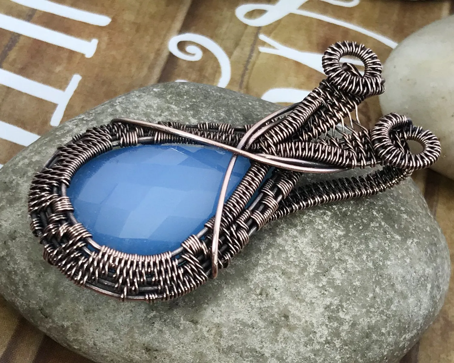 Oxidized Copper Wire Woven Blue Chalcedony Pendant