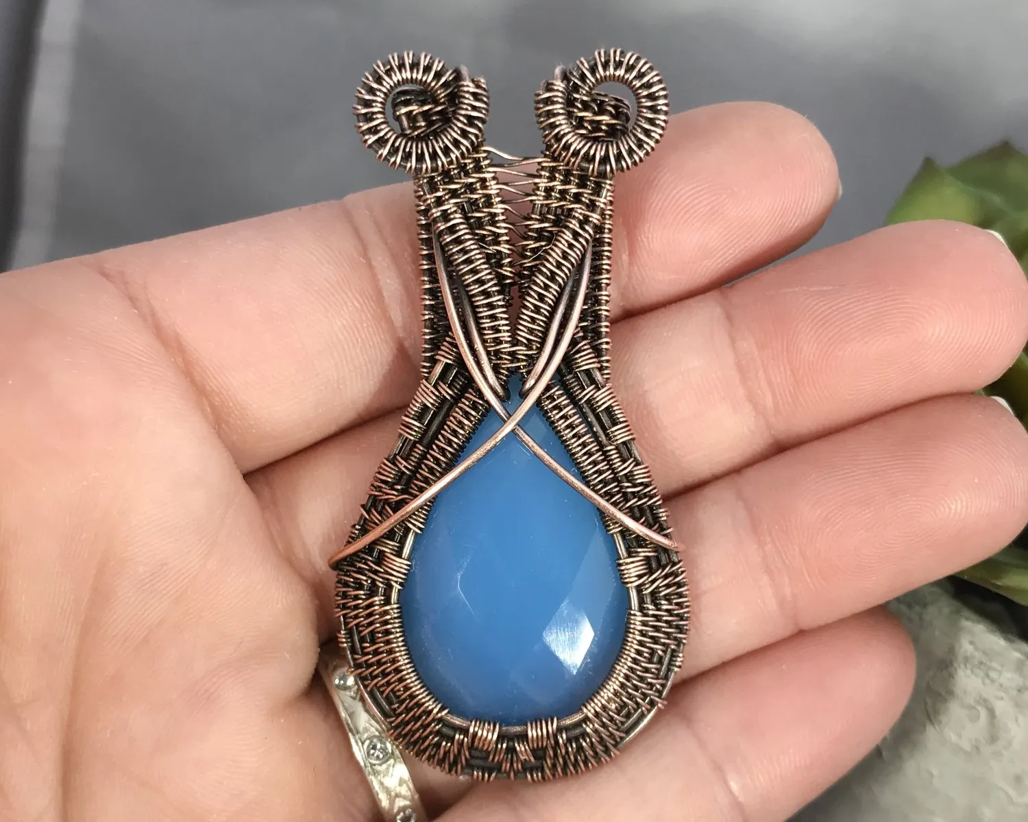 Oxidized Copper Wire Woven Blue Chalcedony Pendant