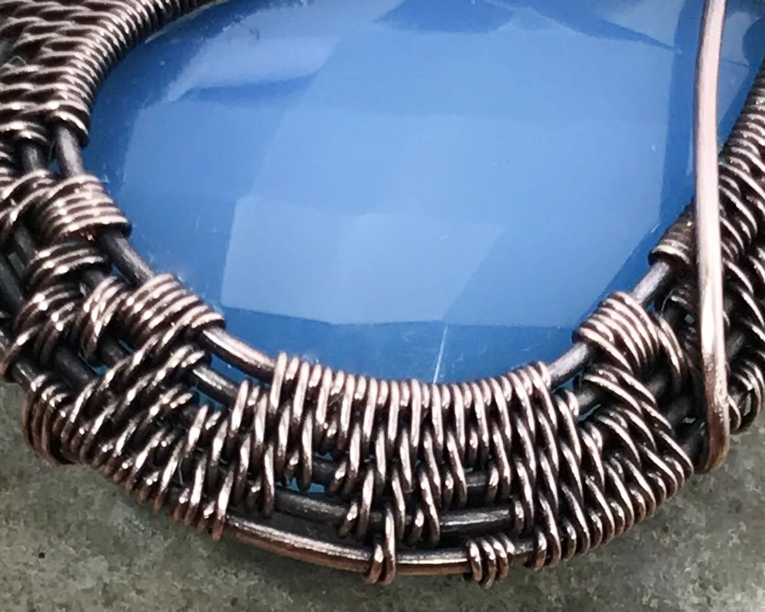 Oxidized Copper Wire Woven Blue Chalcedony Pendant