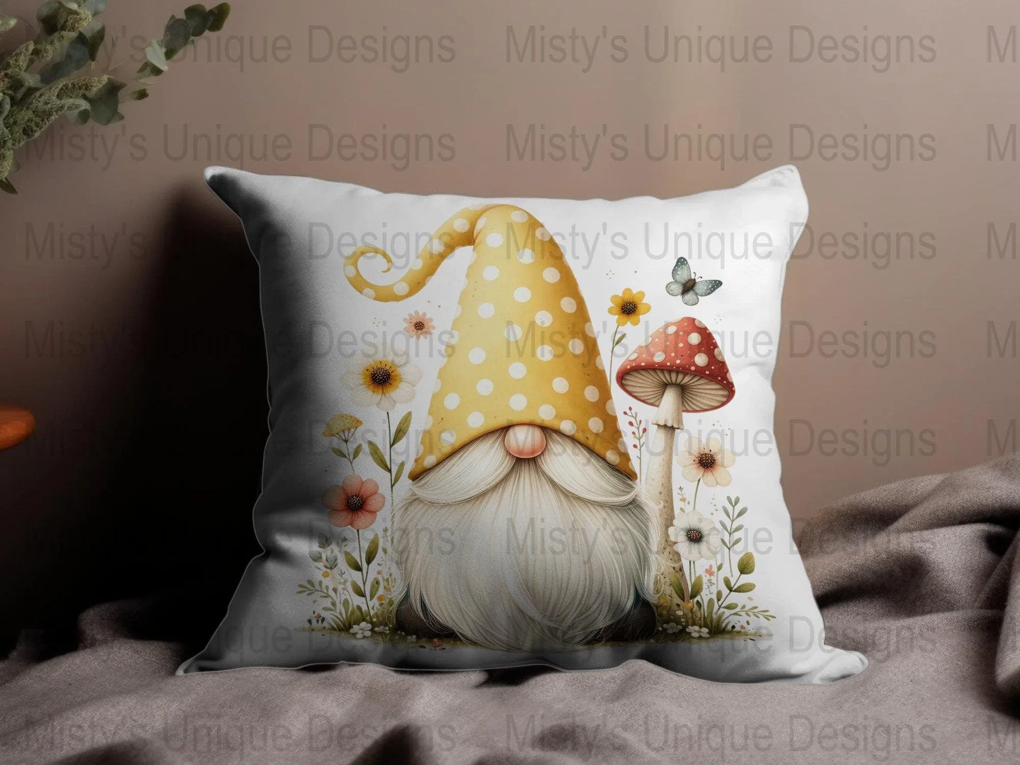 Whimsical Garden Gnome Clipart, Polka Dot Hat, Mushroom and Flowers PNG, Digital Download for Crafts, Scrapbooking, Invitations