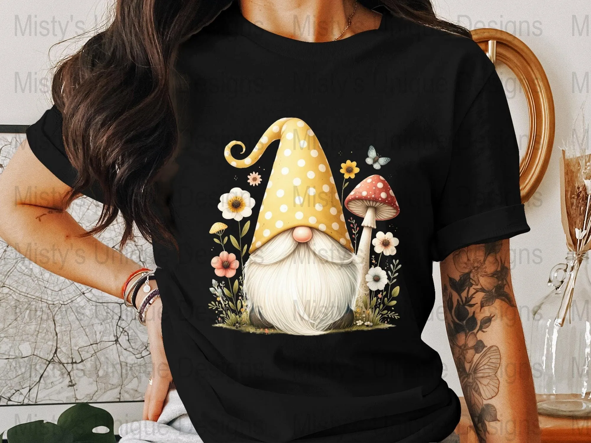 Whimsical Garden Gnome Clipart, Polka Dot Hat, Mushroom and Flowers PNG, Digital Download for Crafts, Scrapbooking, Invitations