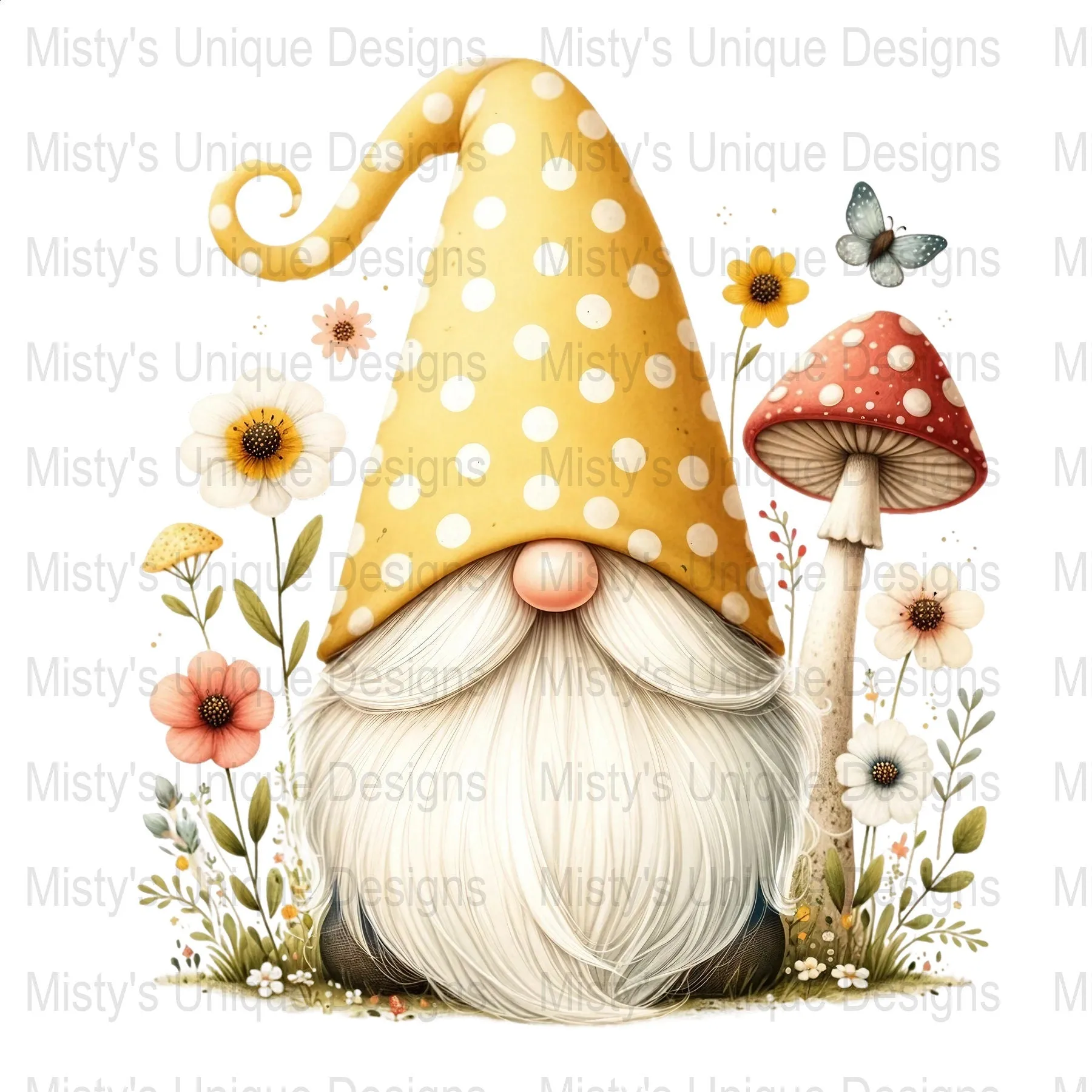 Whimsical Garden Gnome Clipart, Polka Dot Hat, Mushroom and Flowers PNG, Digital Download for Crafts, Scrapbooking, Invitations