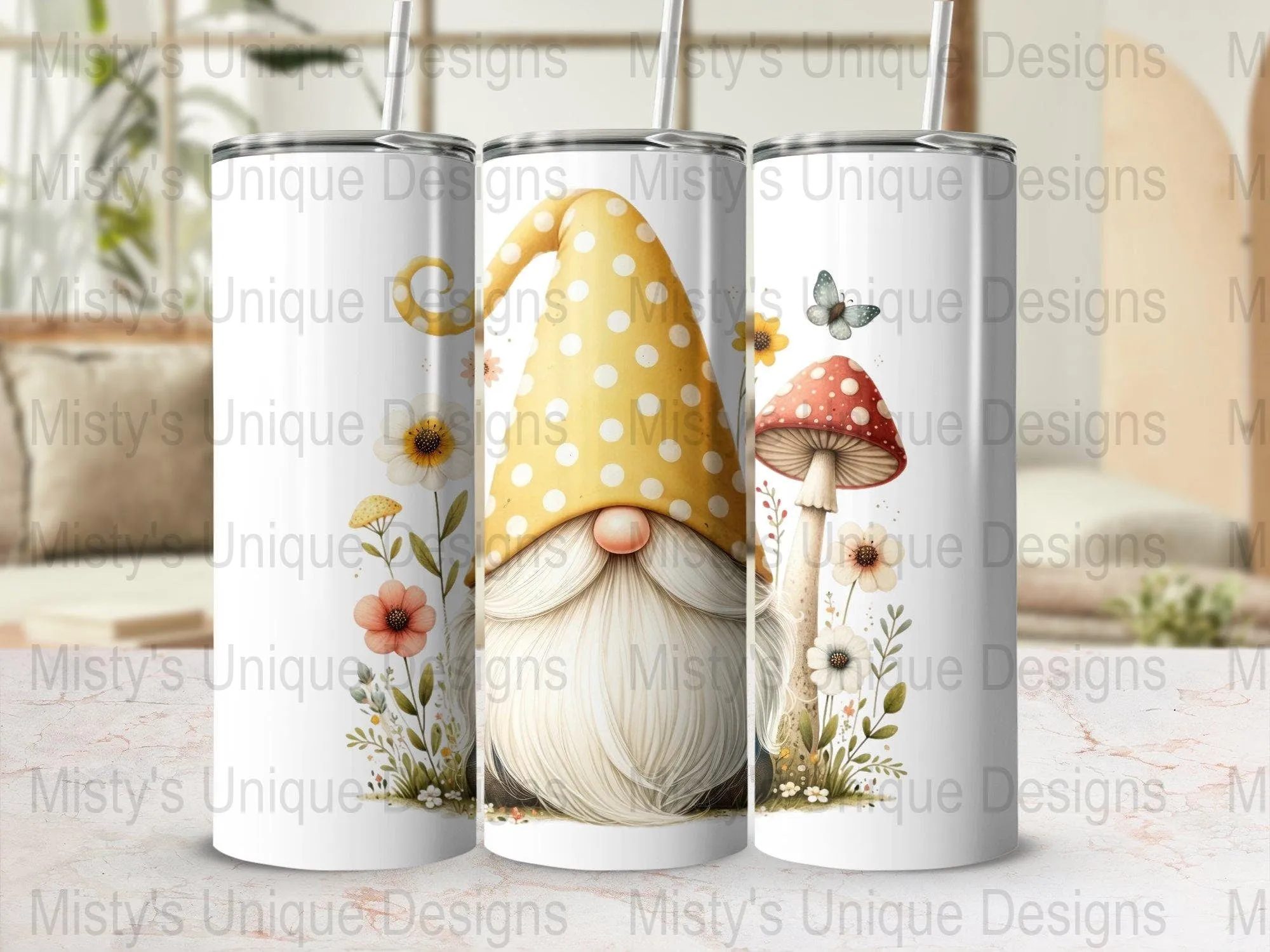 Whimsical Garden Gnome Clipart, Polka Dot Hat, Mushroom and Flowers PNG, Digital Download for Crafts, Scrapbooking, Invitations