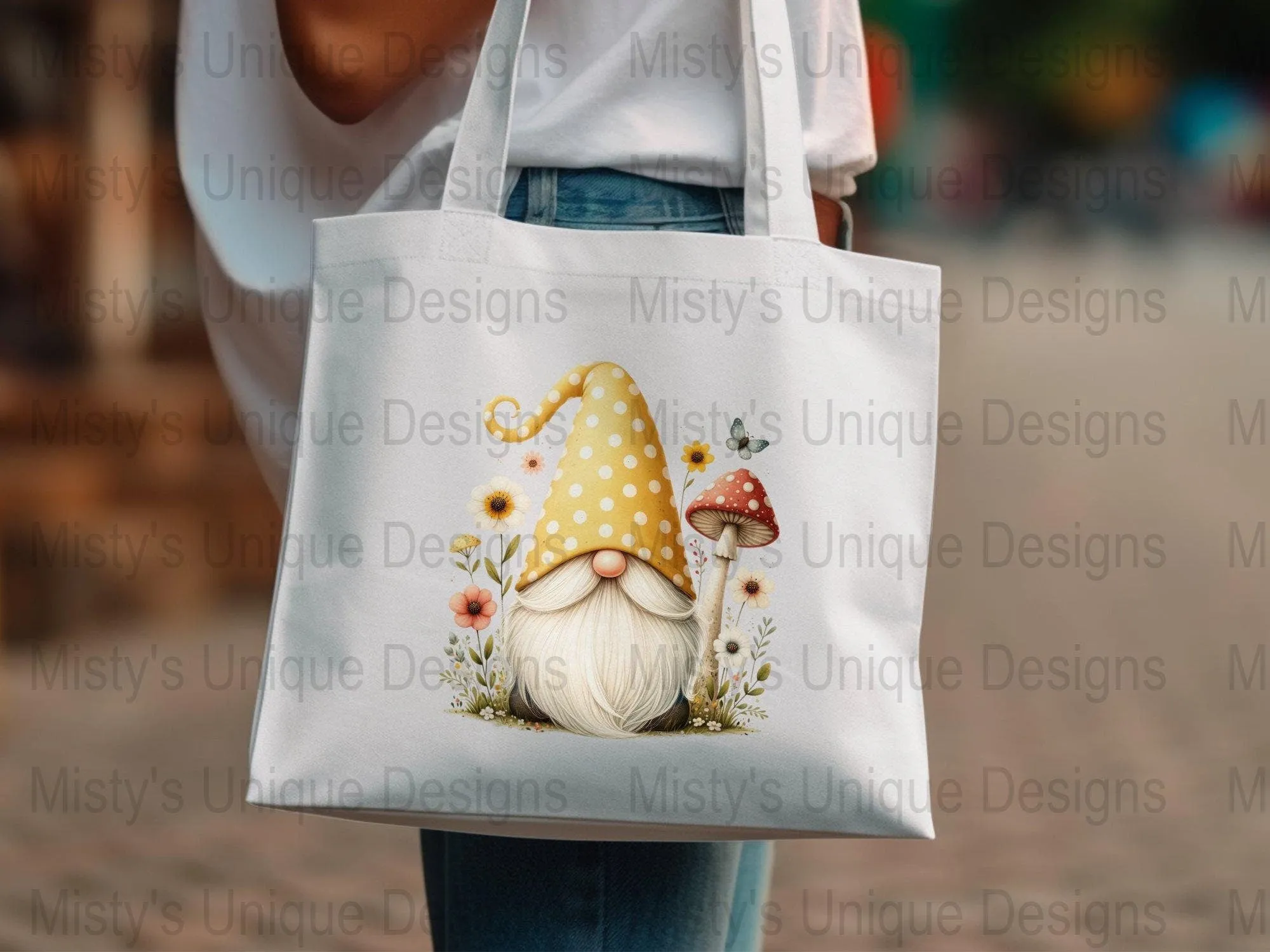 Whimsical Garden Gnome Clipart, Polka Dot Hat, Mushroom and Flowers PNG, Digital Download for Crafts, Scrapbooking, Invitations